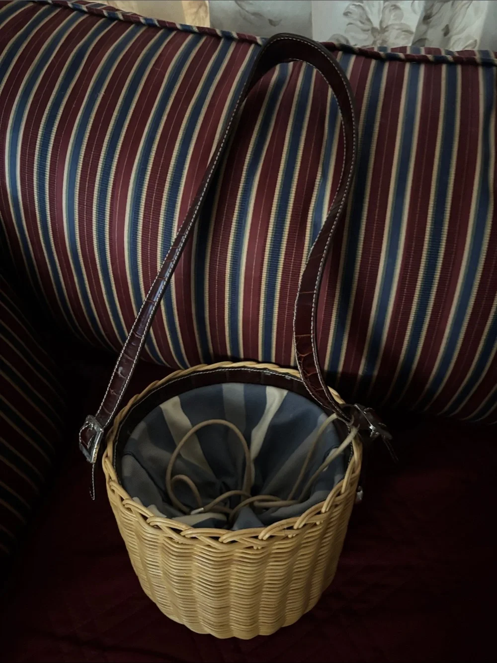 Brighton Woven Basket shoulder bag with Brown Leather Strap and Blue Liner